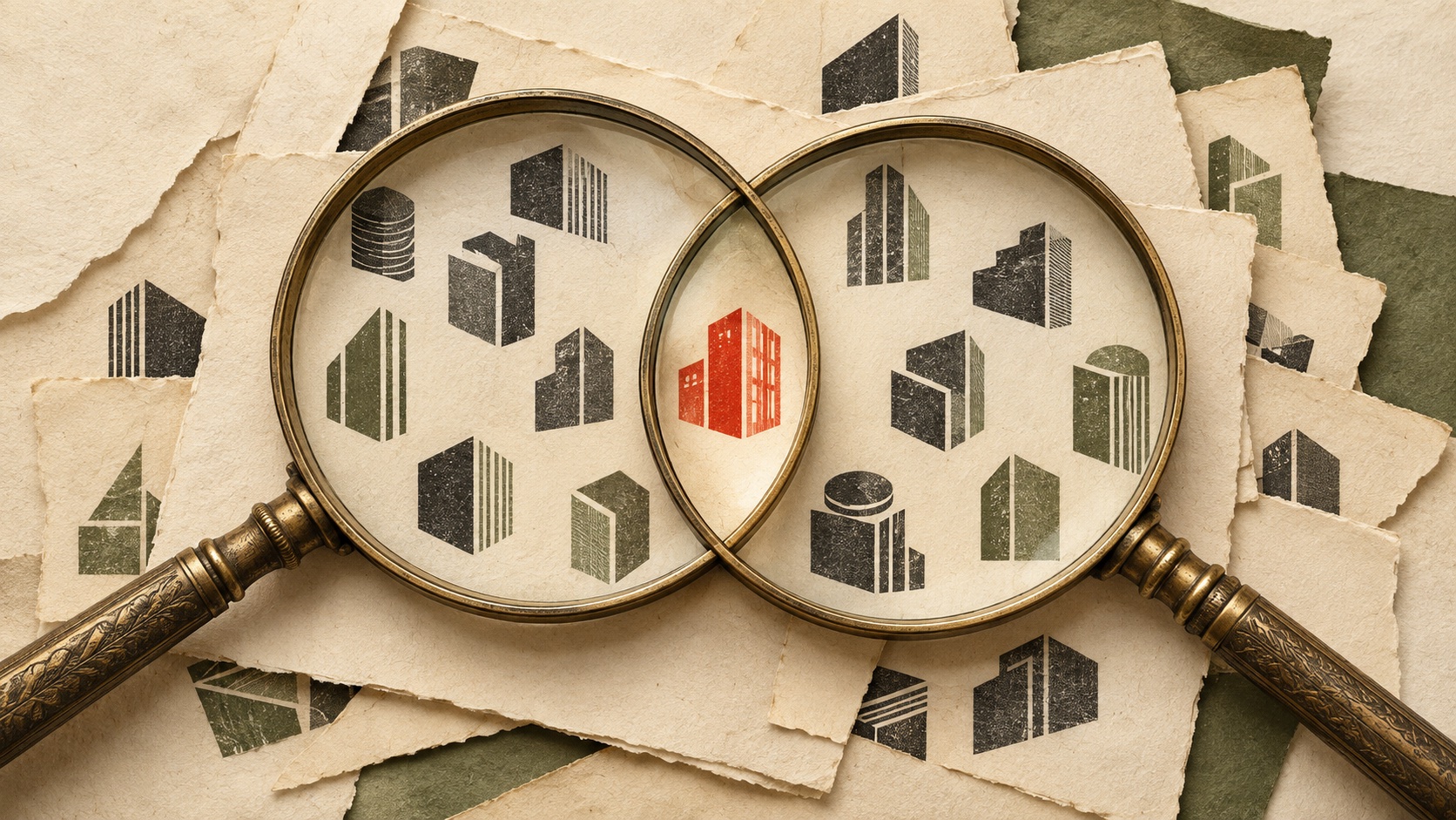 Two overlapping brass magnifying glasses reveal a shared red building among abstract company symbols.