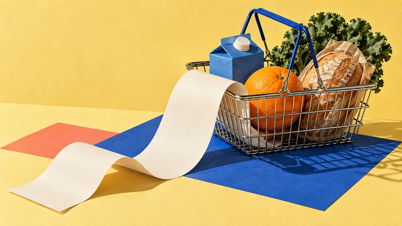 A grocery basket with bread, an orange and vegetables beside a long blank receipt on a yellow and blue tabletop.