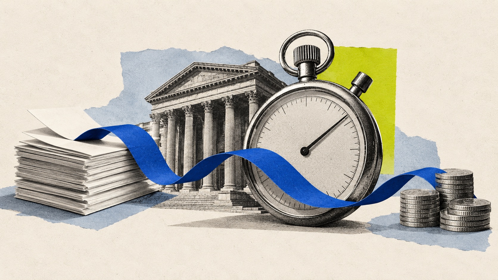 A bank, stopwatch and invoices in an editorial paper collage.